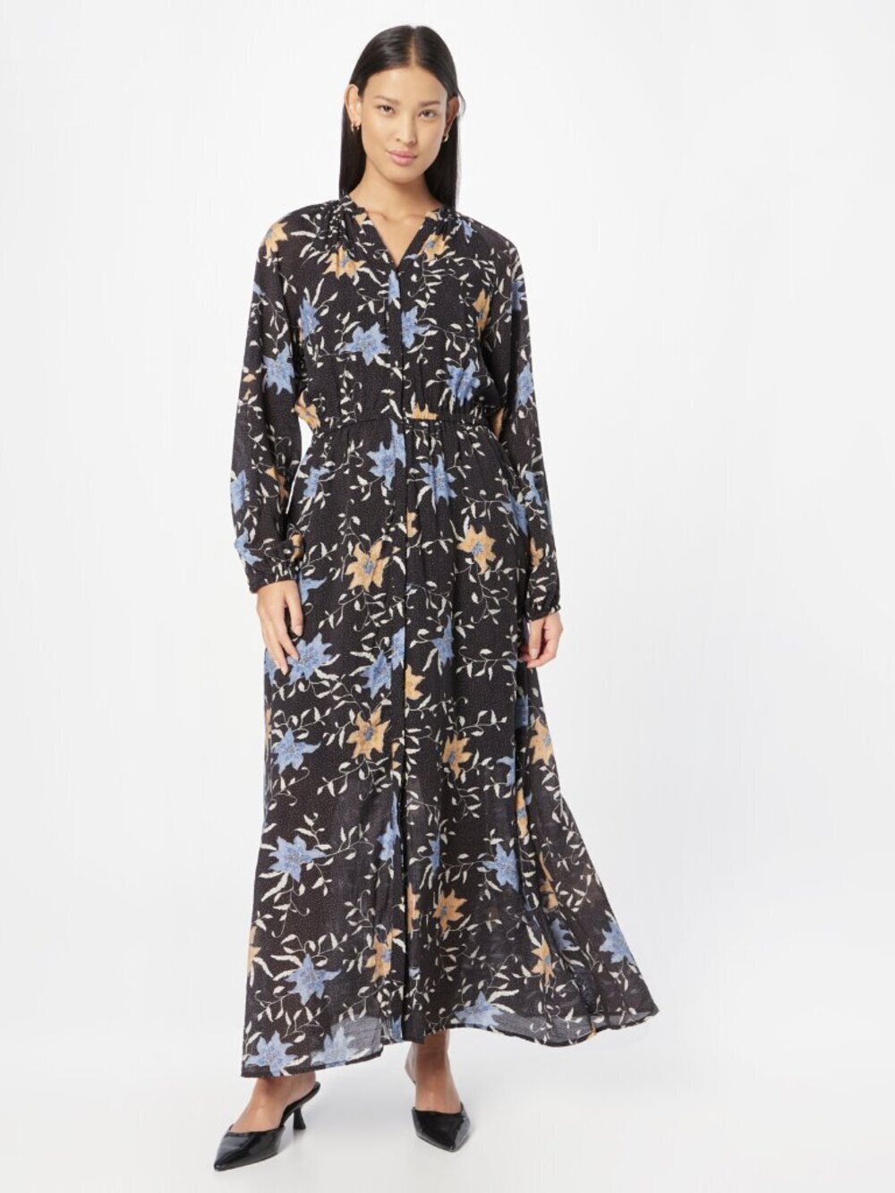 SOFIE SCHNOOR Black Floral Viscose Blend Voile Maxi Shirt Dress, Size S